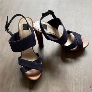 White House Black Market Blue with Silver Specs Strappy Heels 8.5